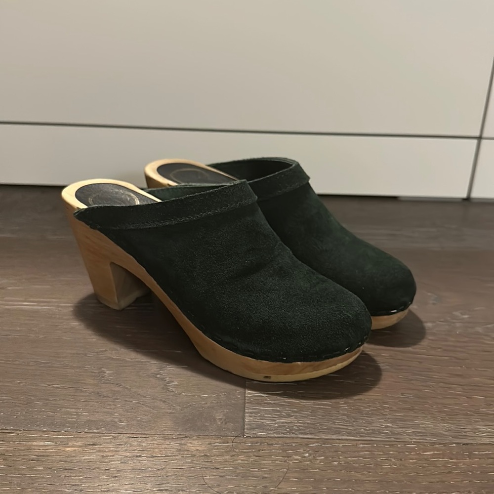 No.6 Clogs, hunter green suede high heel